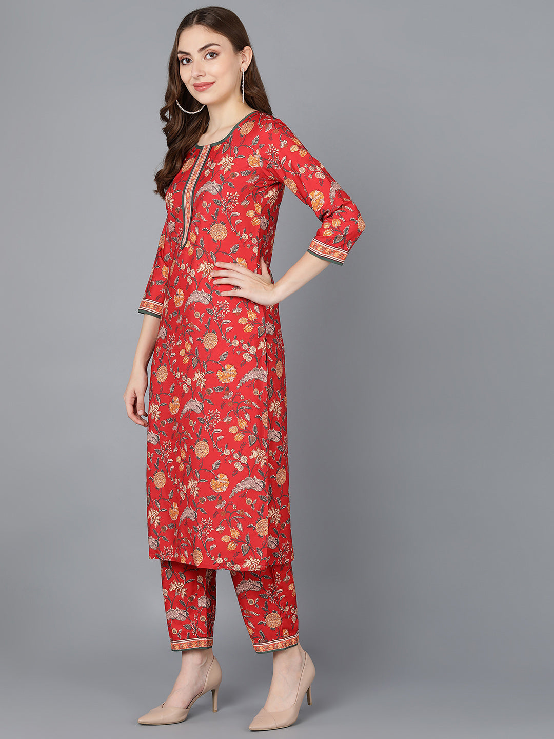  Women Red Polyester Kurta Trousers With Dupatta