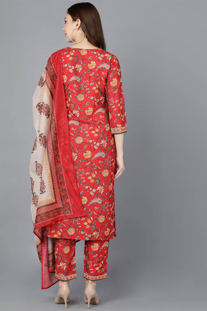  Women Red Polyester Kurta Trousers With Dupatta