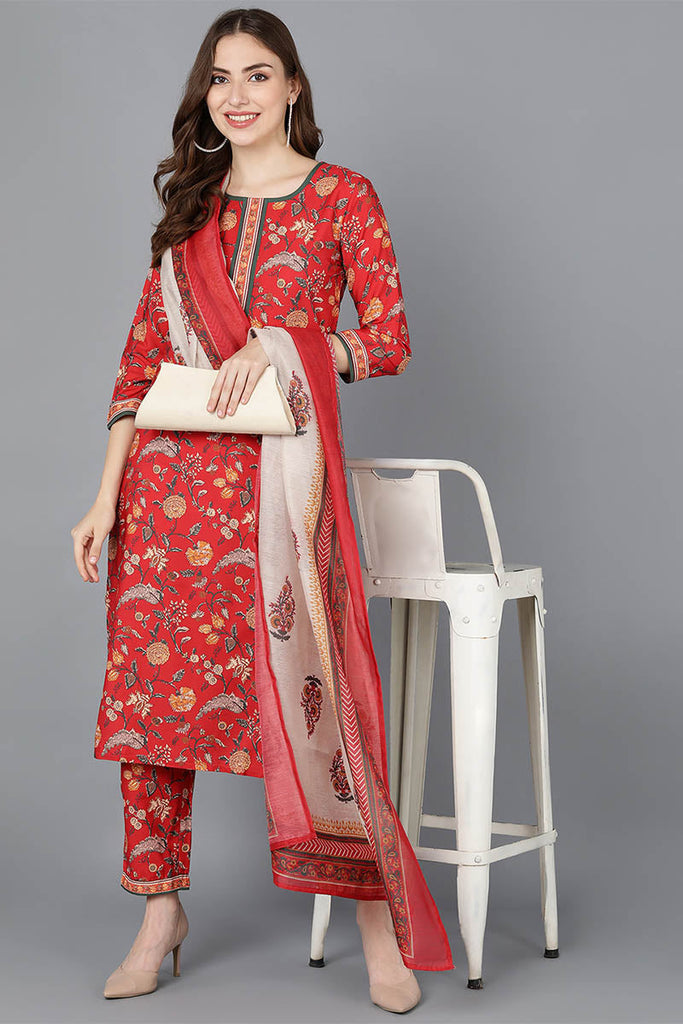  Women Red Polyester Kurta Trousers With Dupatta