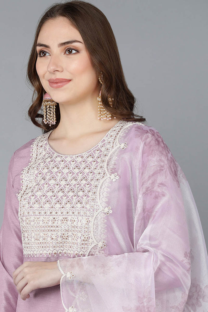  Women Lavender Embroidered Kurta Trousers With Dupatta 