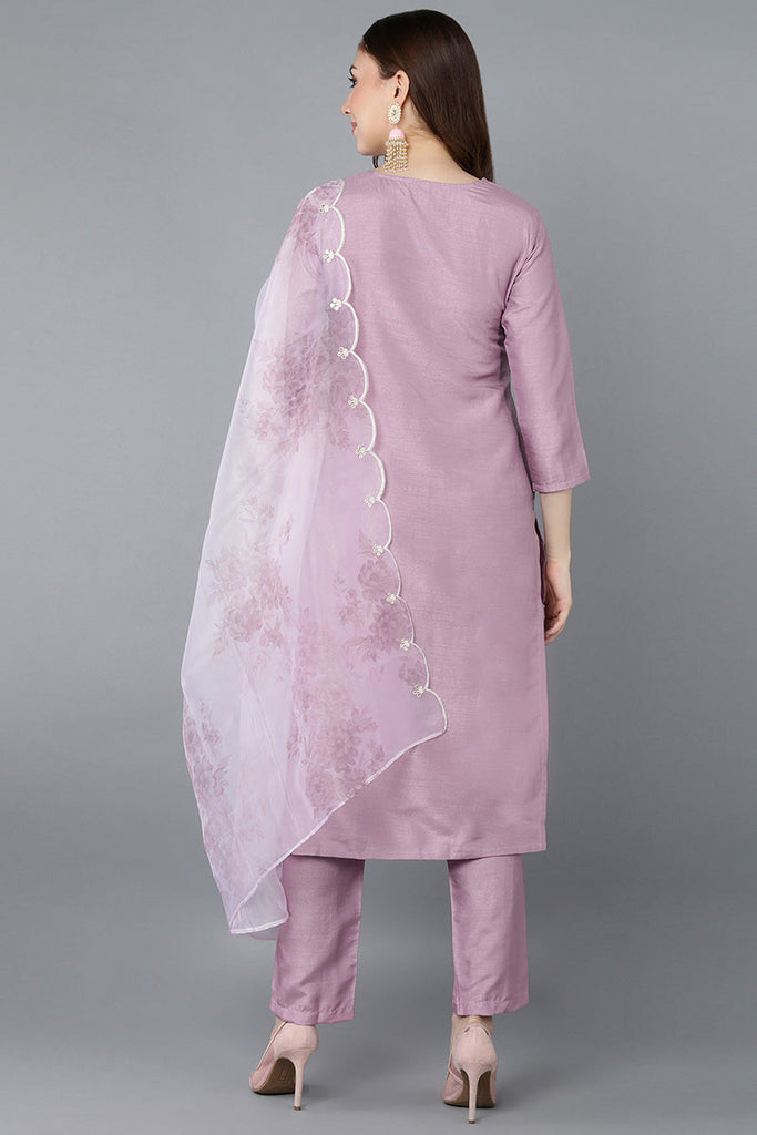  Women Lavender Embroidered Kurta Trousers With Dupatta 