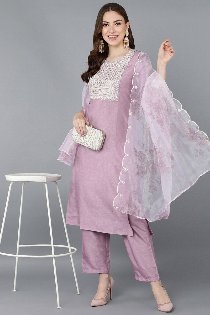  Women Lavender Embroidered Kurta Trousers With Dupatta 