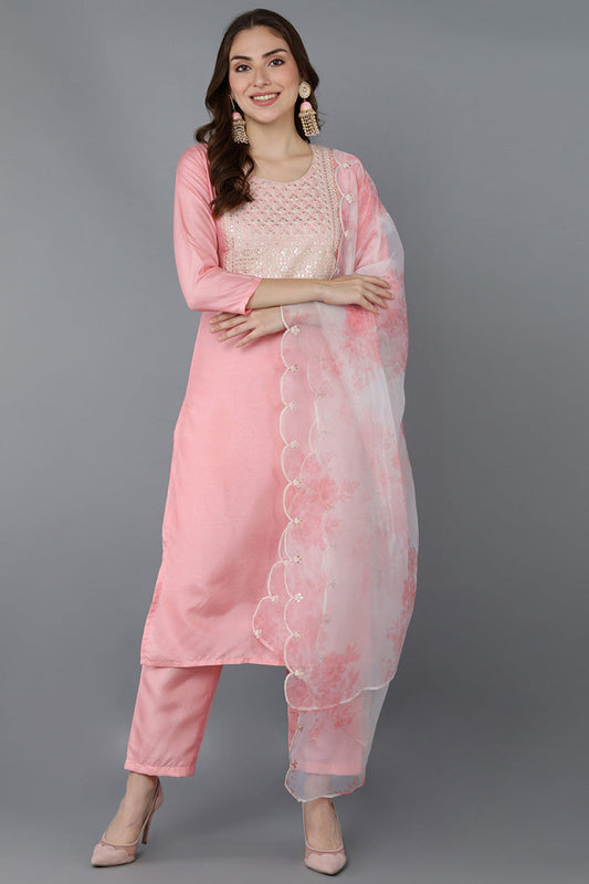  Women Pink Embroidered Kurta Trousers With Dupatta 