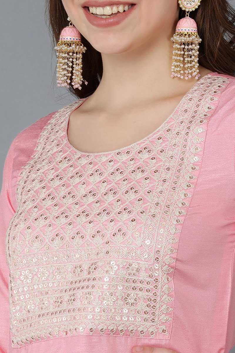  Women Pink Embroidered Kurta Trousers With Dupatta 