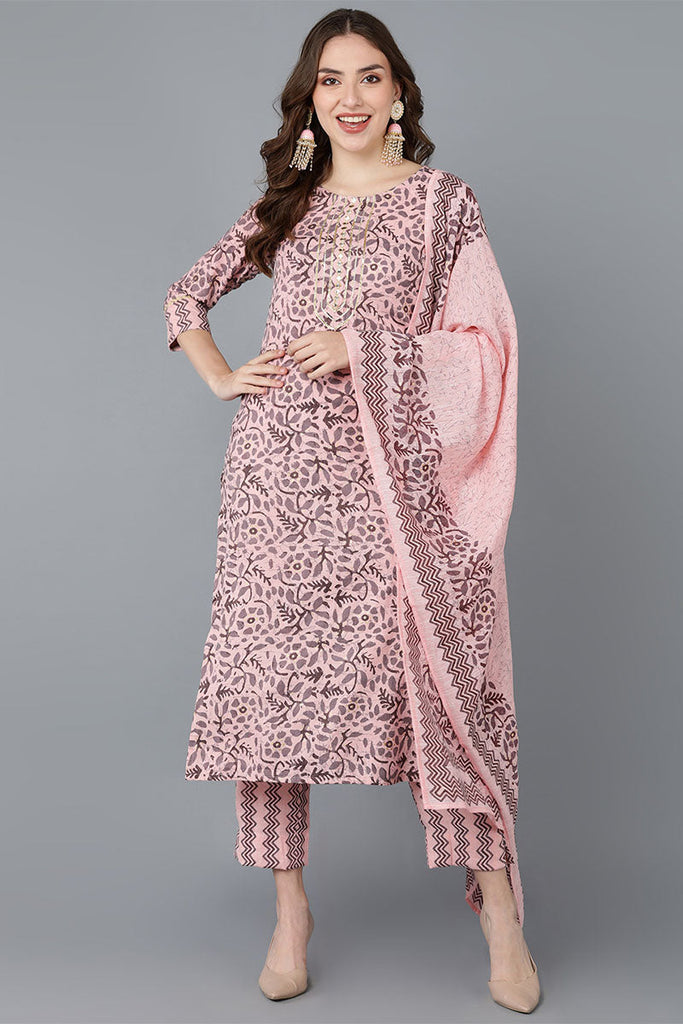  Women Pink Cotton Blend Kurta Trousers With Dupatta