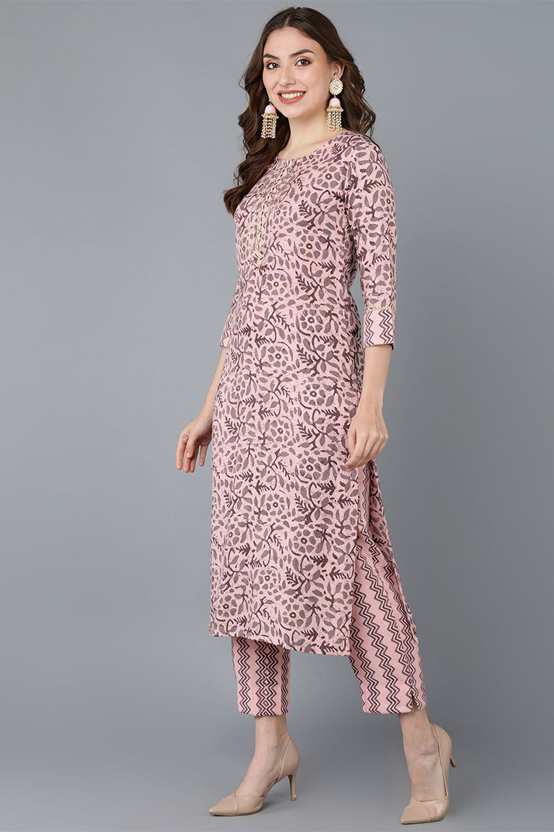  Women Pink Cotton Blend Kurta Trousers With Dupatta