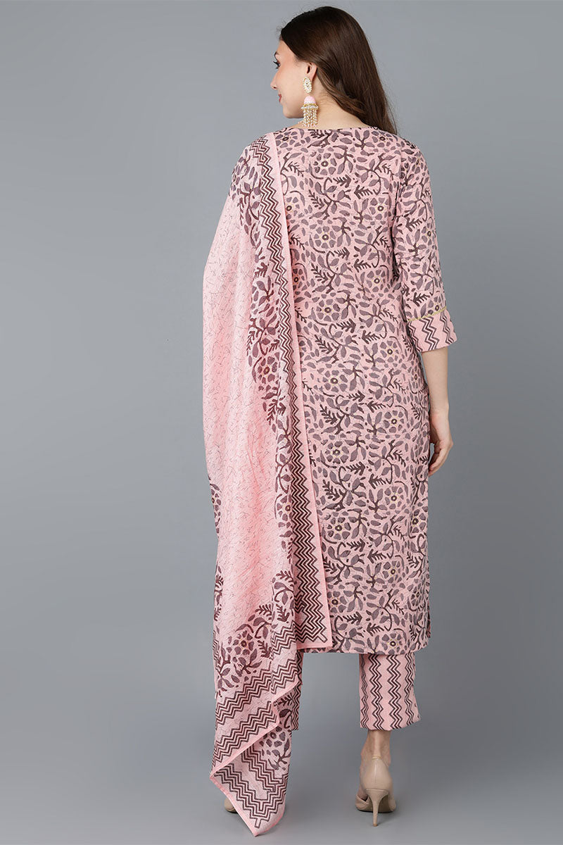  Women Pink Cotton Blend Kurta Trousers With Dupatta