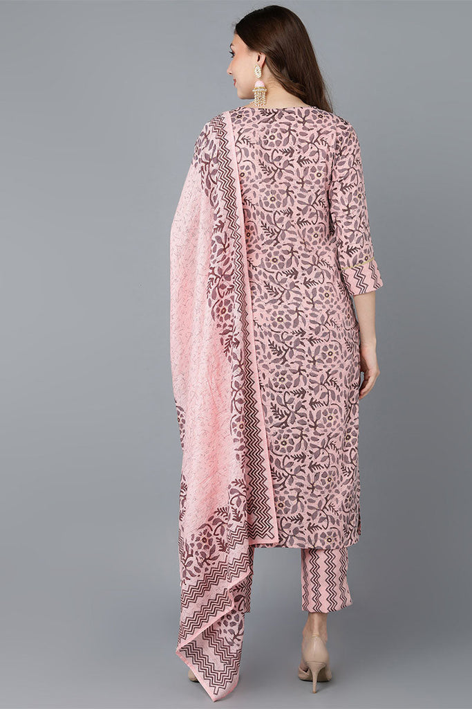  Women Pink Cotton Blend Kurta Trousers With Dupatta