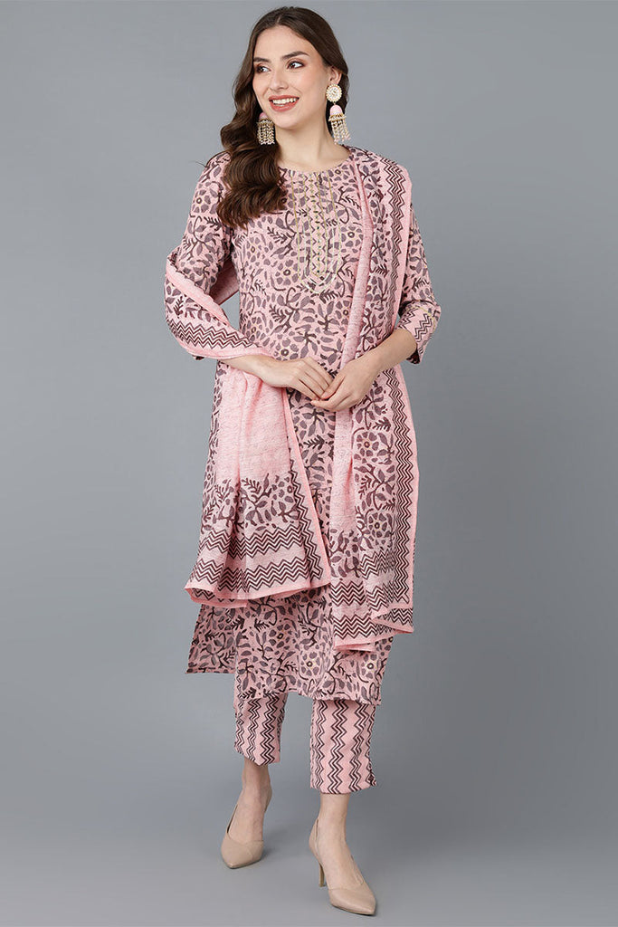  Women Pink Cotton Blend Kurta Trousers With Dupatta