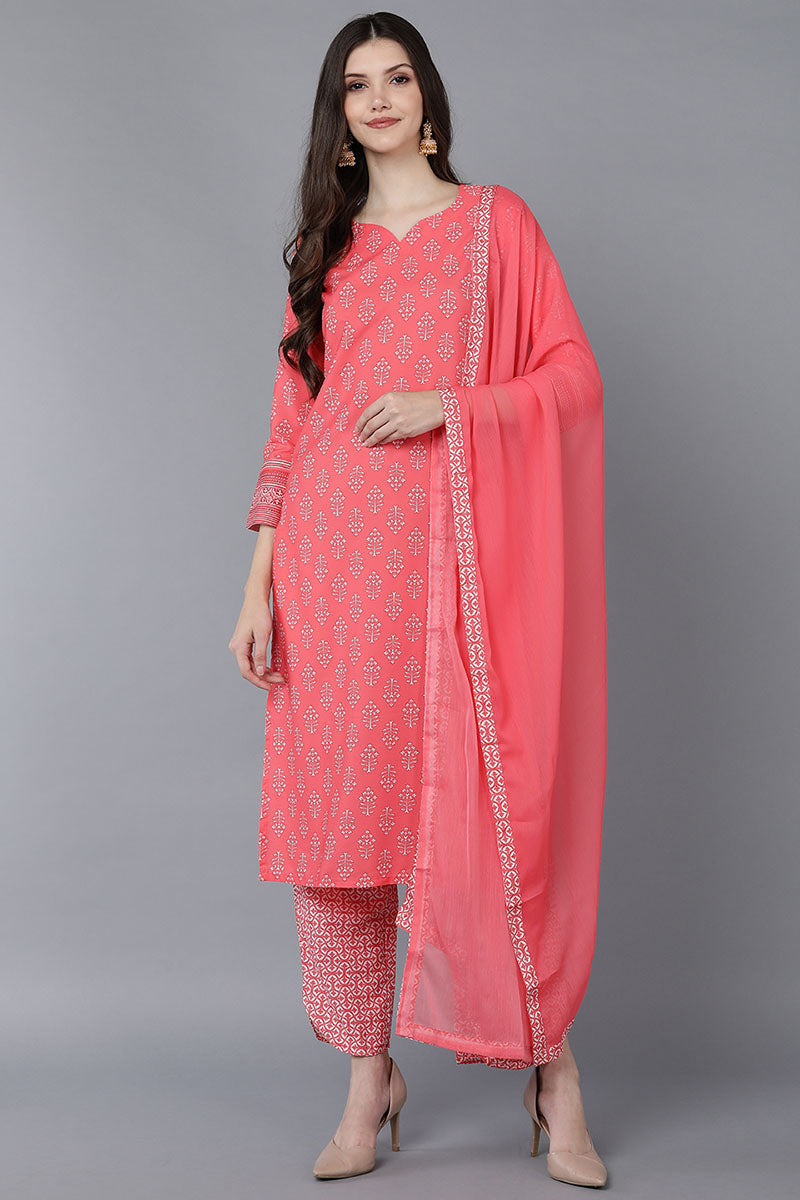 Peach Polyester Straight Kurta Pant With Dupatta PKSKD1523