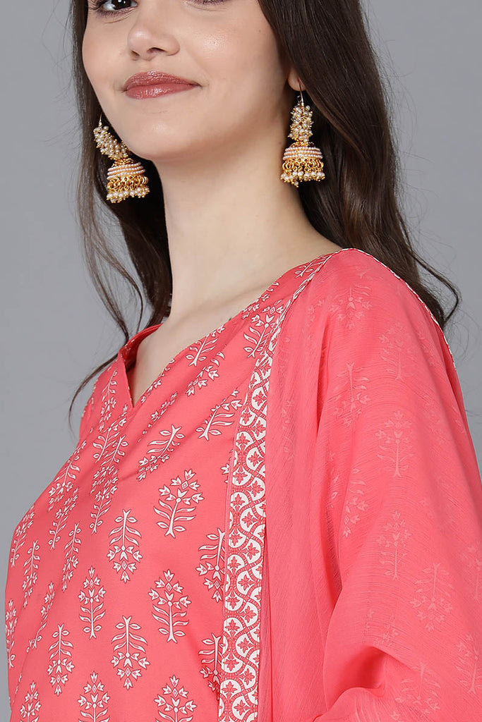 Peach Polyester Straight Kurta Pant With Dupatta PKSKD1523