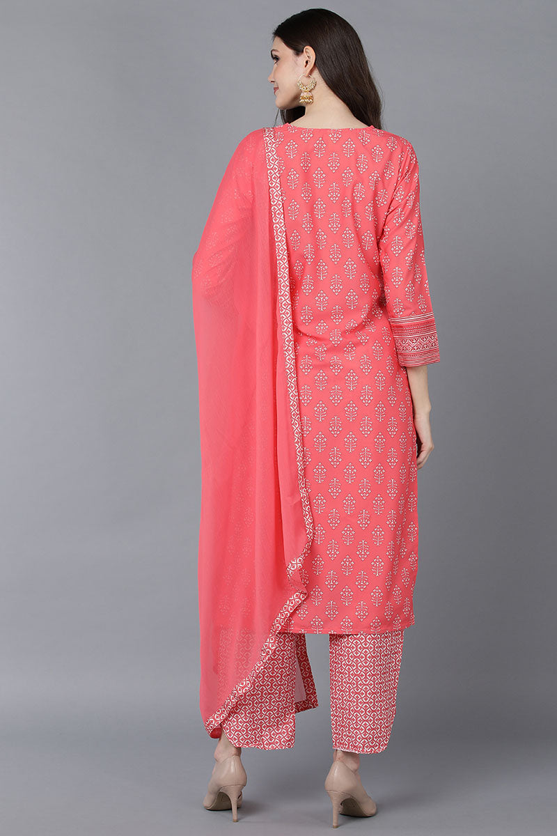 Peach Polyester Straight Kurta Pant With Dupatta PKSKD1523