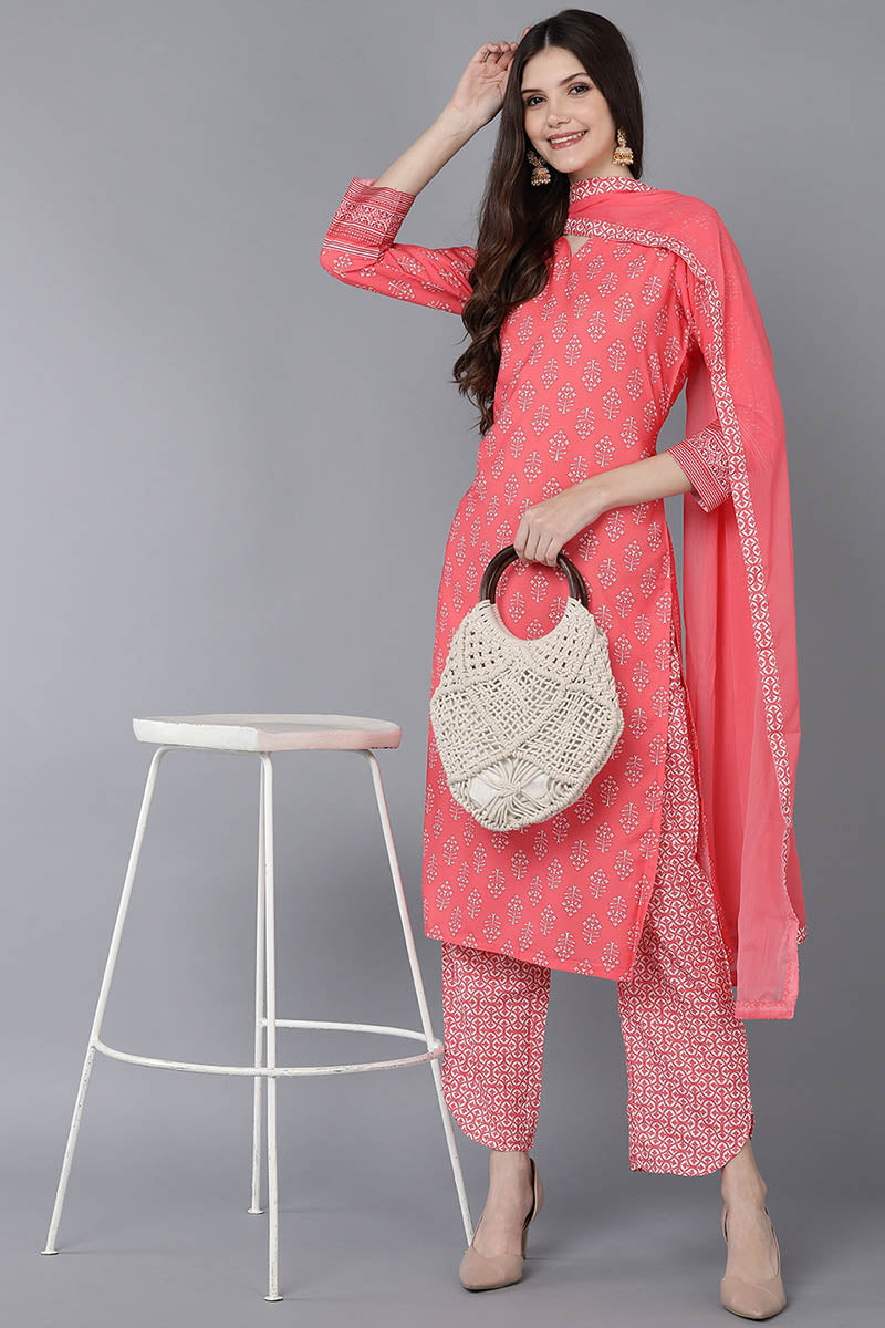 Peach Polyester Straight Kurta Pant With Dupatta PKSKD1523