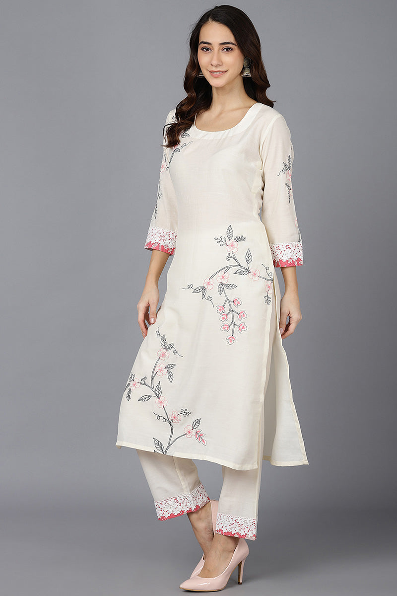  Women Cream Poly Silk Kurta Trousers With Dupatta 