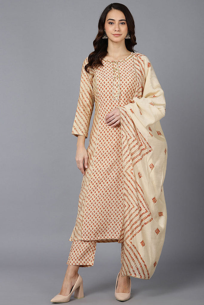  Women Cream Poly Silk Kurta Trousers With Dupatta