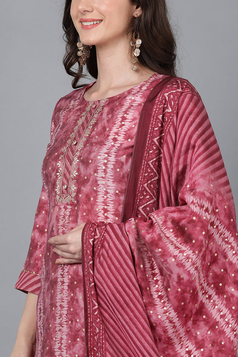 Mauve Poly Silk Ethnic Motifs Straight Suit Set PKSKD1543