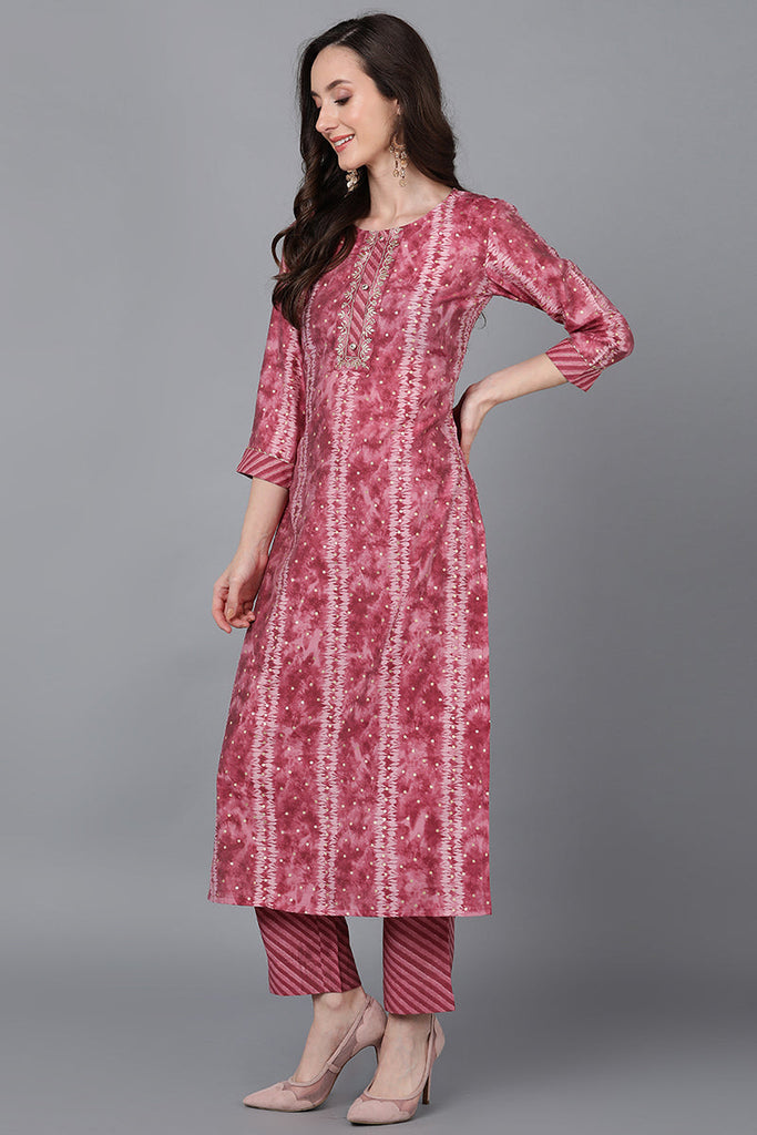 Mauve Poly Silk Ethnic Motifs Straight Suit Set PKSKD1543