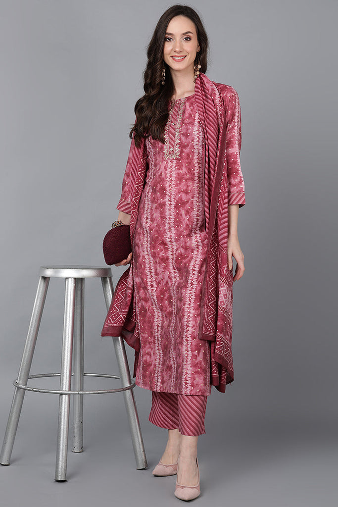 Mauve Poly Silk Ethnic Motifs Straight Suit Set PKSKD1543