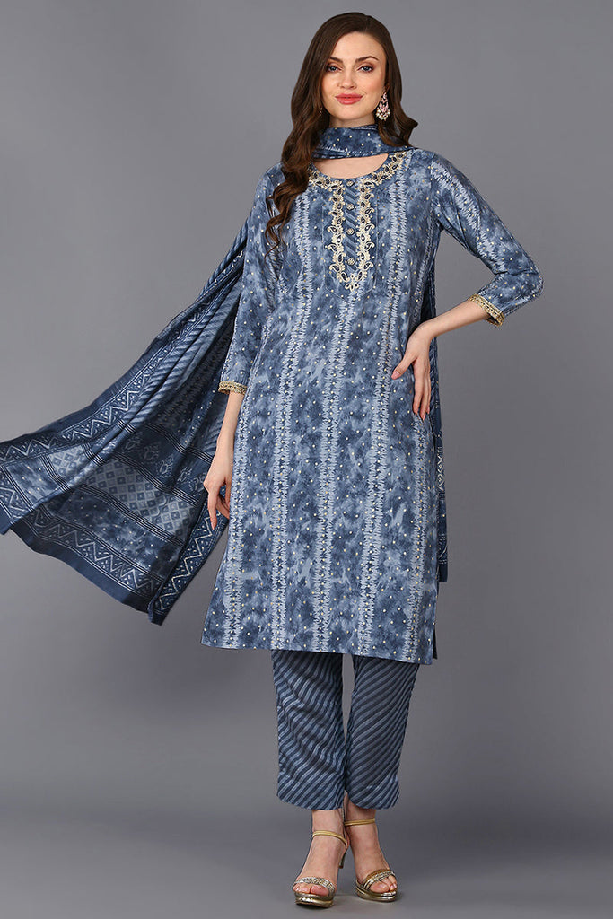 Grey Poly Silk Ethnic Motifs Straight Suit Set PKSKD1544