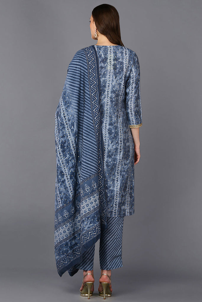 Grey Poly Silk Ethnic Motifs Straight Suit Set PKSKD1544