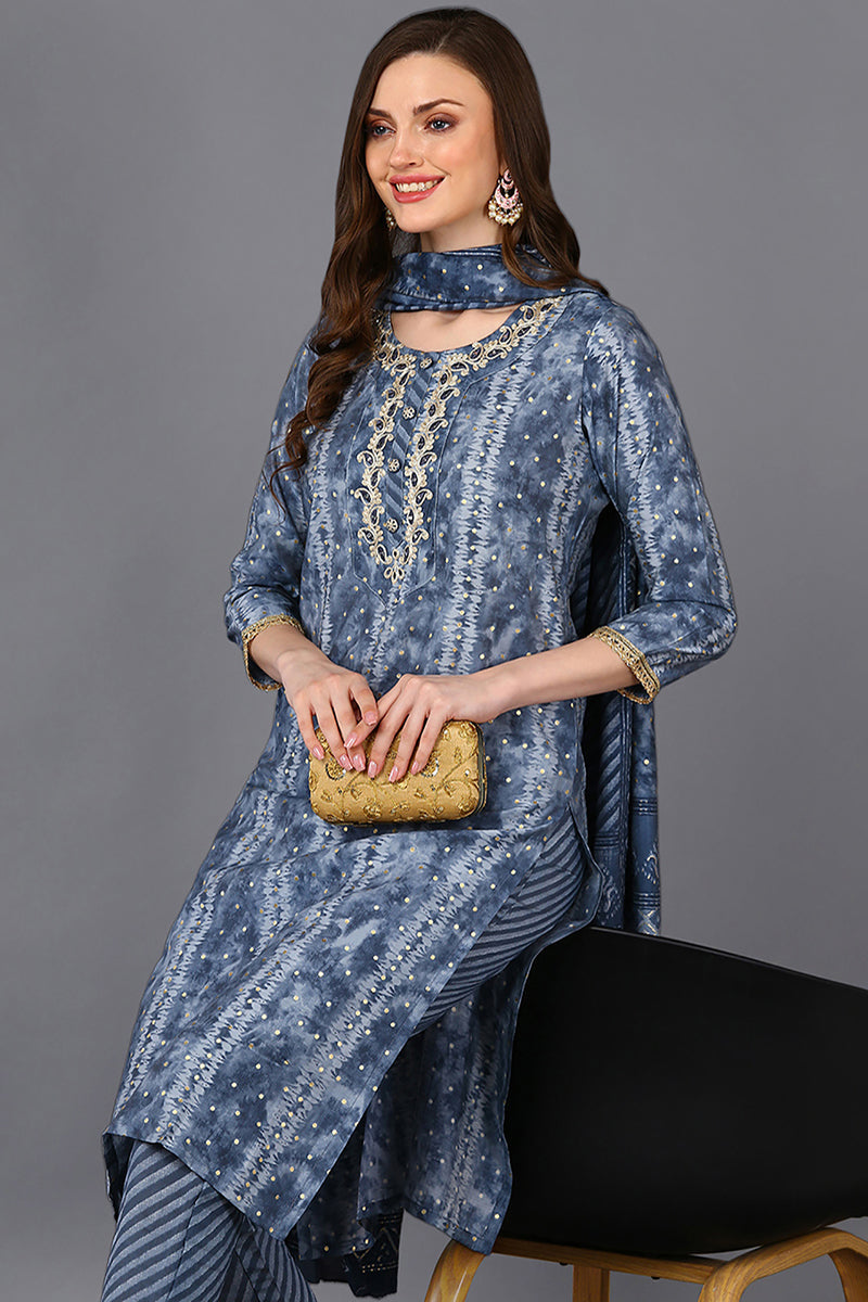 Grey Poly Silk Ethnic Motifs Straight Suit Set PKSKD1544