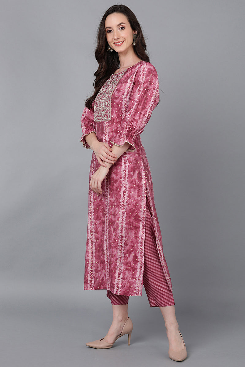 Mauve Poly Silk Striped Straight Suit Set PKSKD1545