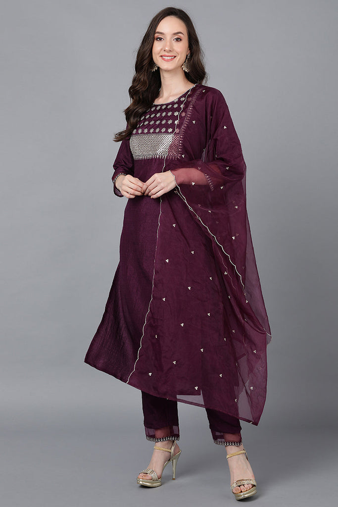 Purple Poly Silk Solid Straight Suit Set PKSKD1548