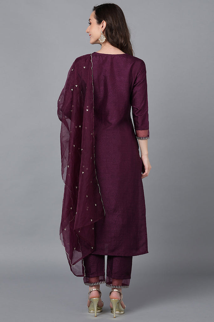 Purple Poly Silk Solid Straight Suit Set PKSKD1548