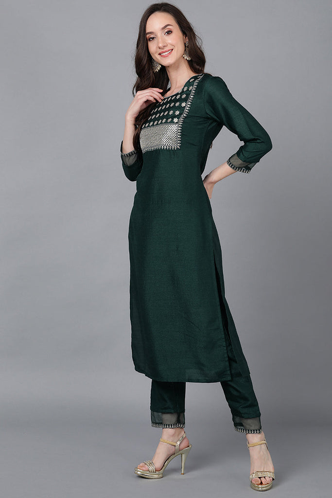 Green Poly Silk Solid Straight Suit Set PKSKD1549