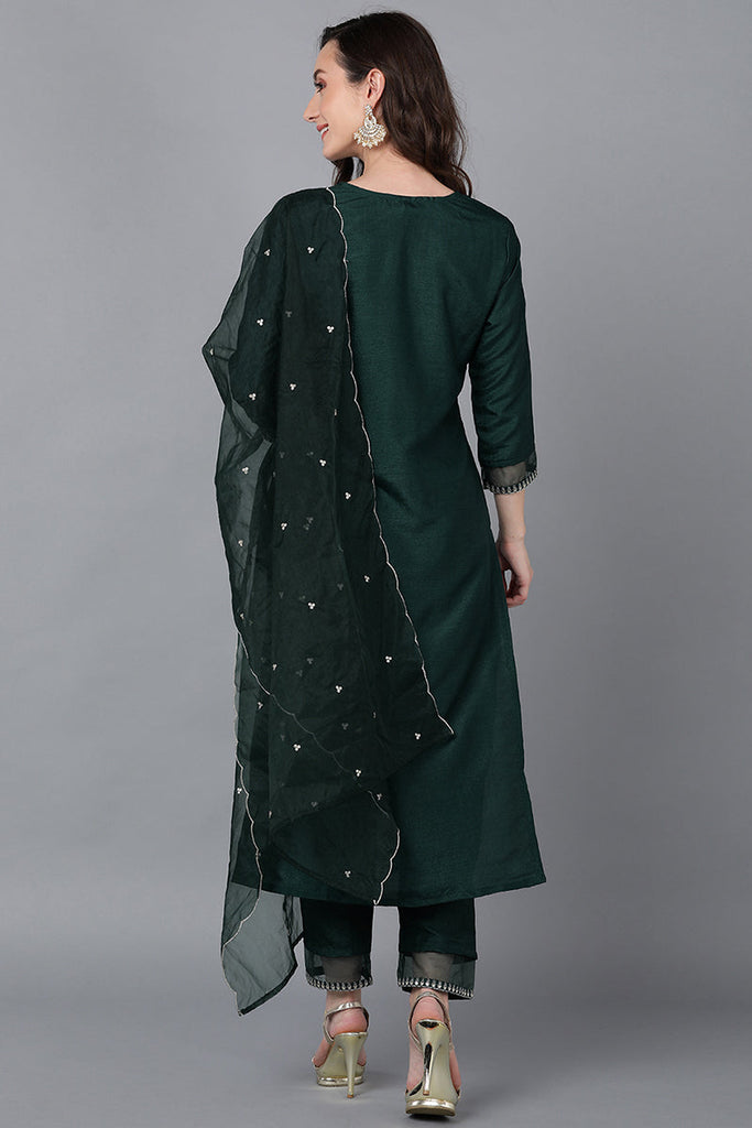 Green Poly Silk Solid Straight Suit Set PKSKD1549