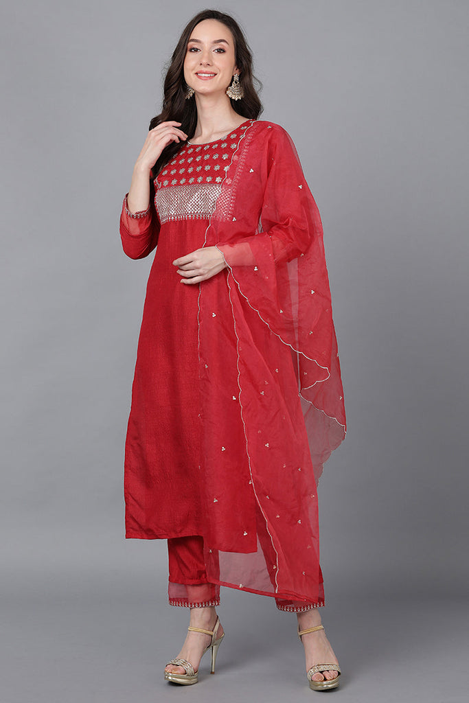 Red Poly Silk Solid Straight Suit Set PKSKD1550