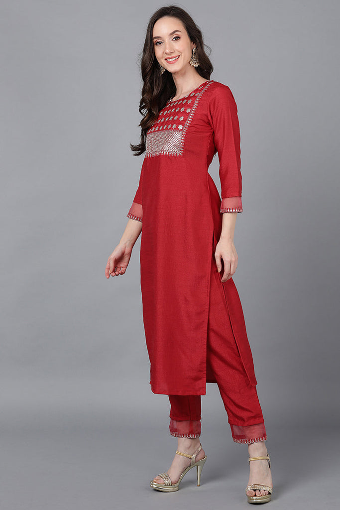 Red Poly Silk Solid Straight Suit Set PKSKD1550