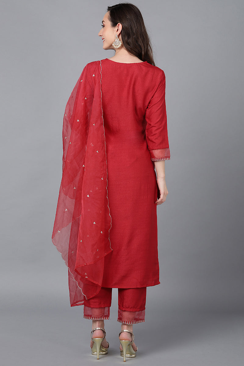 Red Poly Silk Solid Straight Suit Set PKSKD1550