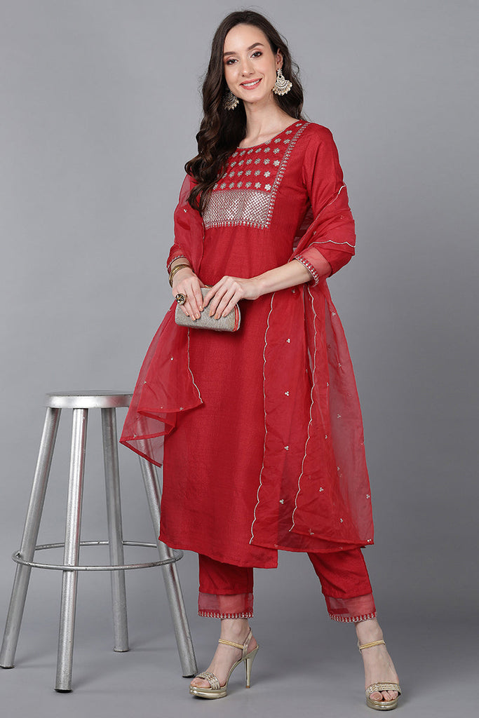 Red Poly Silk Solid Straight Suit Set PKSKD1550