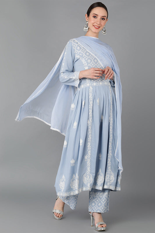  Women Blue Poly Silk Embroidered Kurta Palazzos With Dupatta 