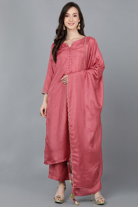  Women Pink Poly Silk Kurta Trousers With Dupatta 