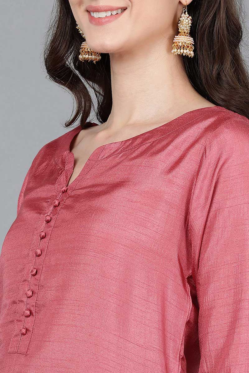  Women Pink Poly Silk Kurta Trousers With Dupatta 