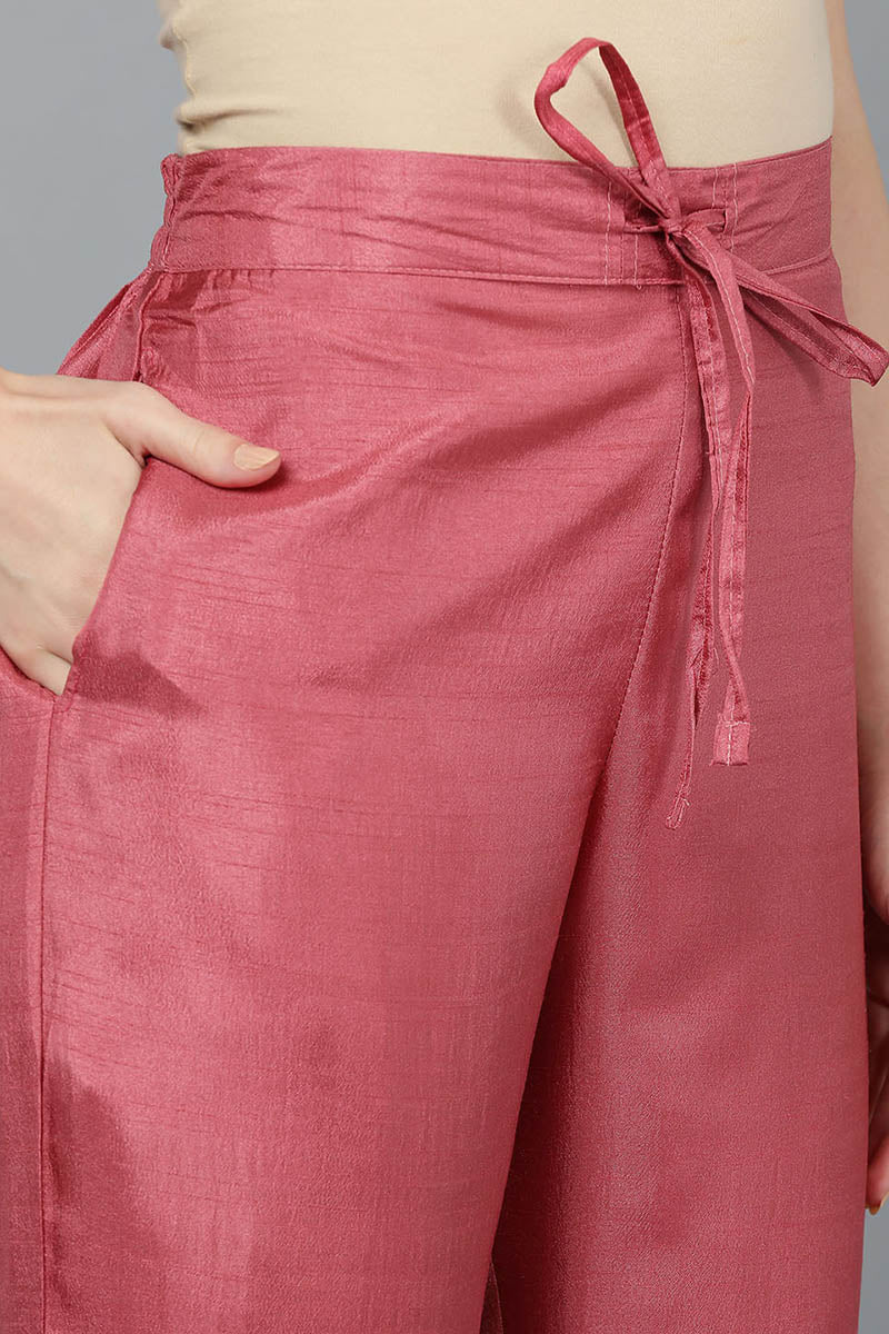  Women Pink Poly Silk Kurta Trousers With Dupatta 