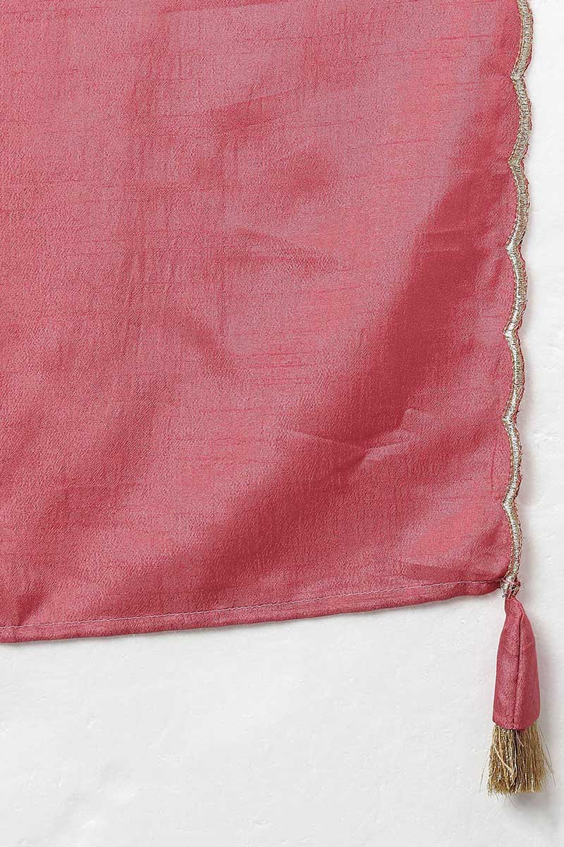  Women Pink Poly Silk Kurta Trousers With Dupatta 