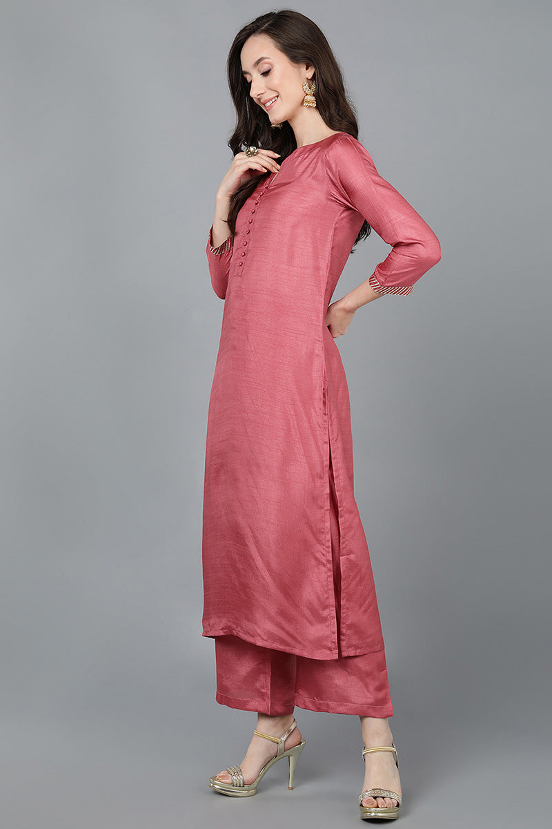  Women Pink Poly Silk Kurta Trousers With Dupatta 