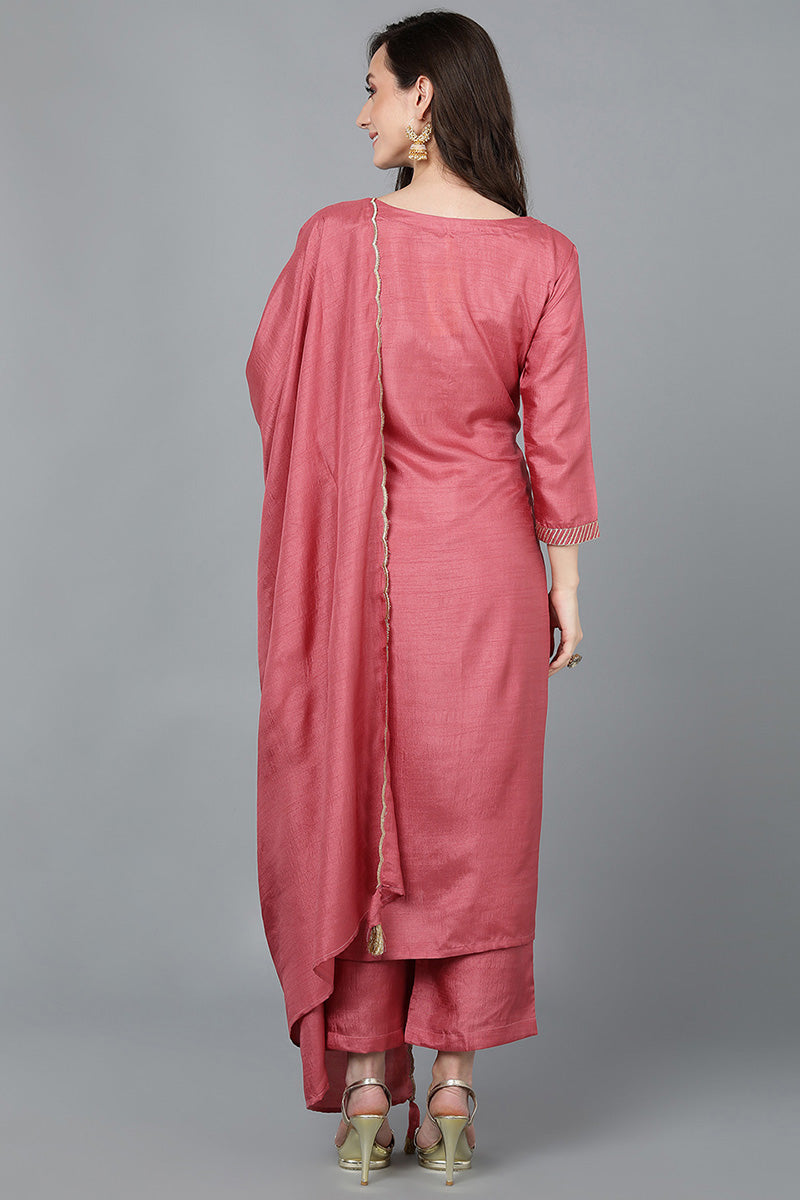  Women Pink Poly Silk Kurta Trousers With Dupatta 