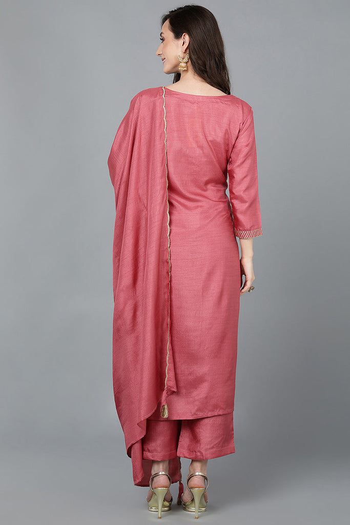  Women Pink Poly Silk Kurta Trousers With Dupatta 