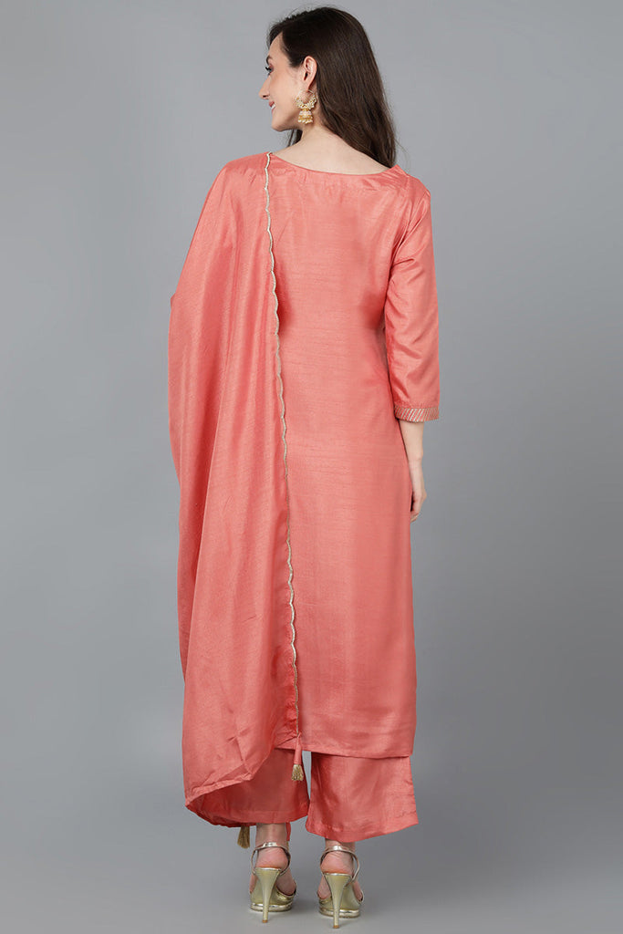  Women Orange Poly Silk Kurta Trousers With Dupatta