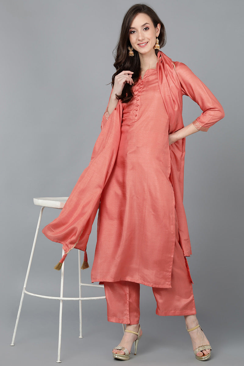  Women Orange Poly Silk Kurta Trousers With Dupatta