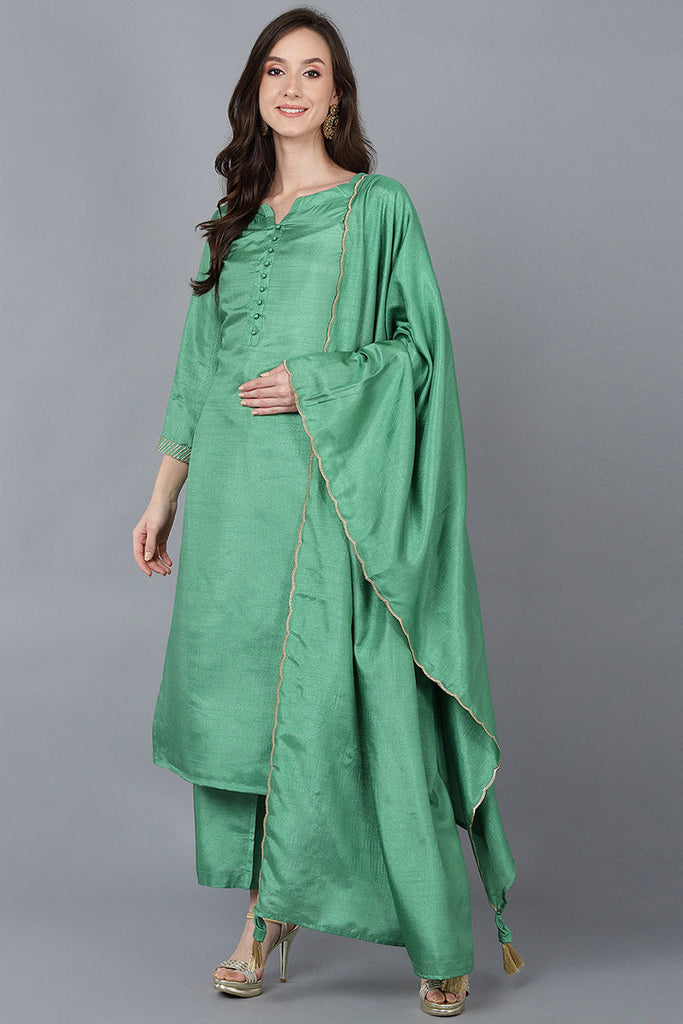  Women Green Poly Silk Kurta Trousers With Dupatta 