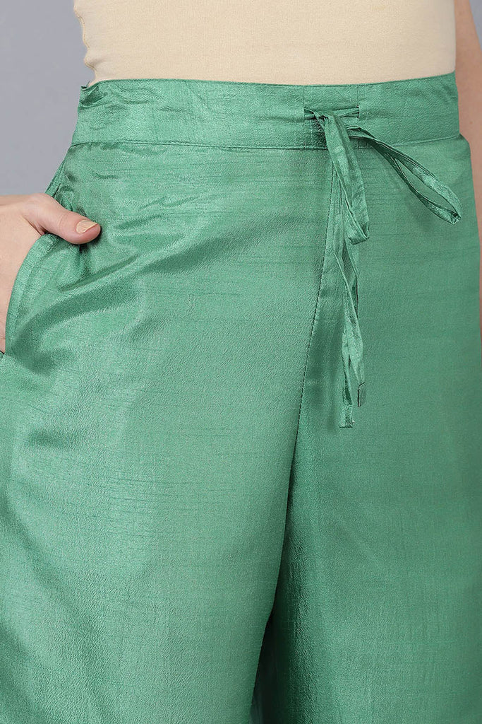  Women Green Poly Silk Kurta Trousers With Dupatta 