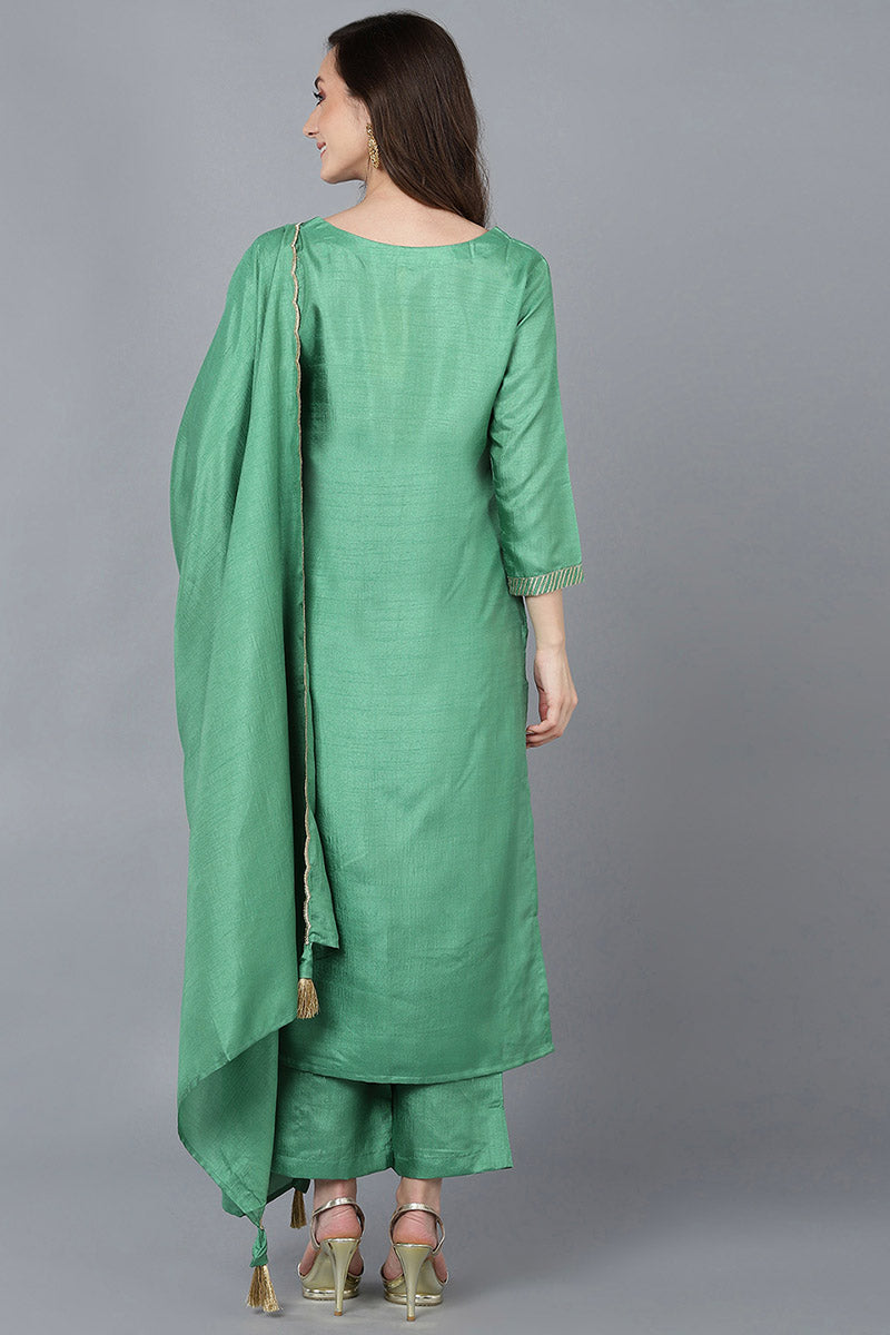  Women Green Poly Silk Kurta Trousers With Dupatta 