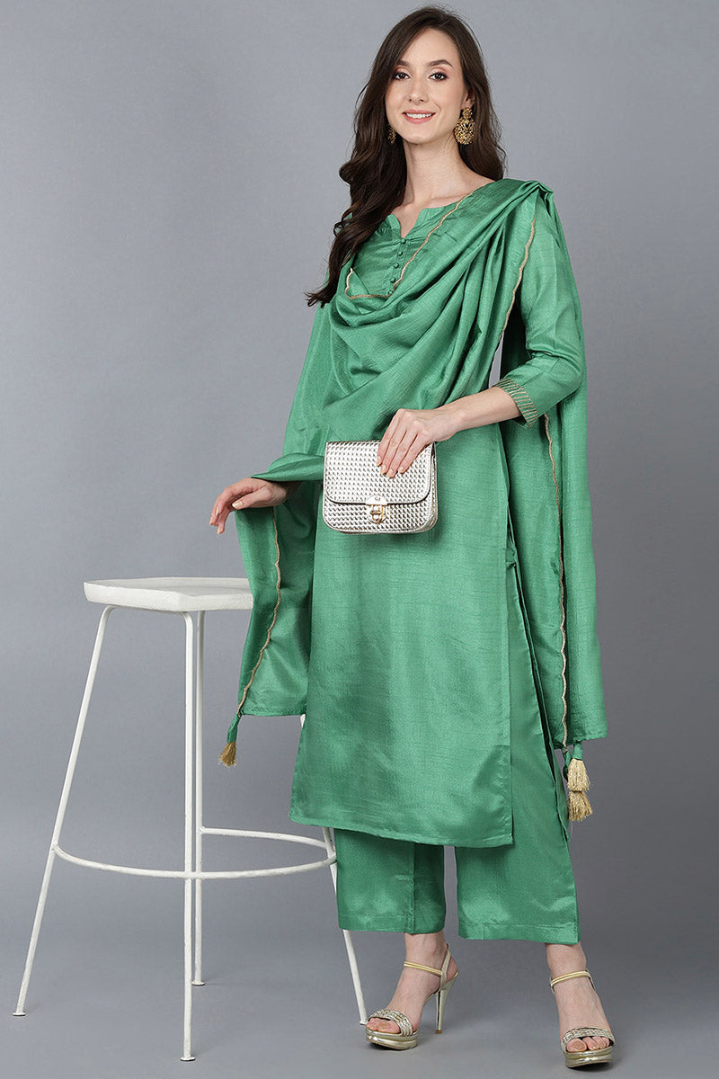  Women Green Poly Silk Kurta Trousers With Dupatta 