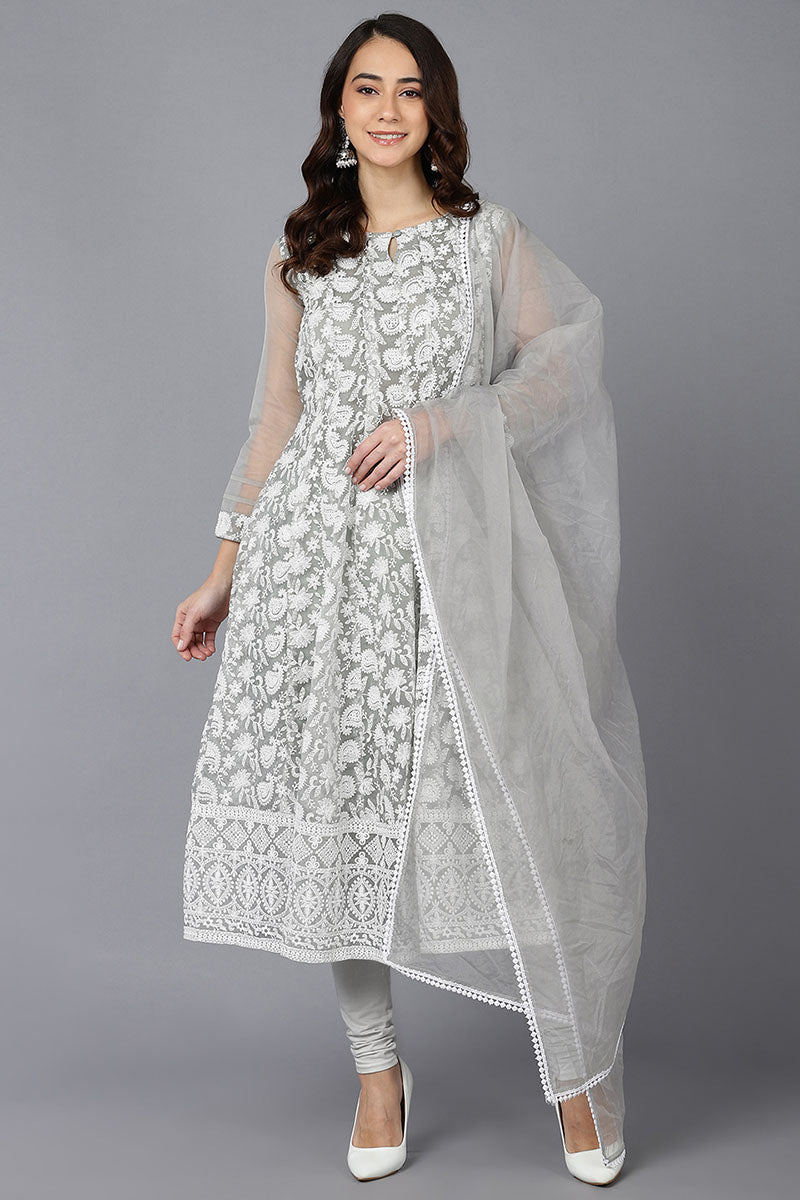  Women Grey Organza Kurta Churidar With Dupatta