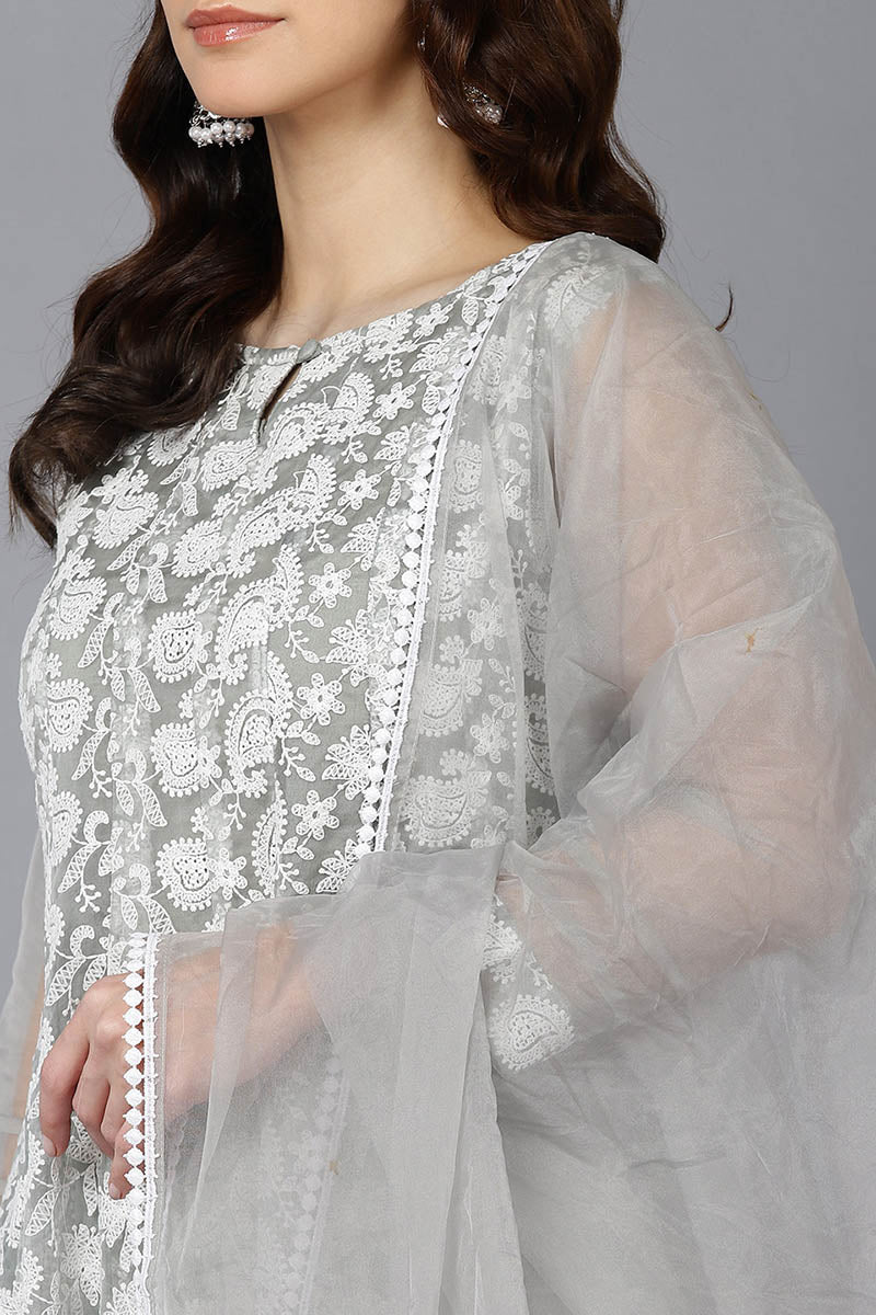  Women Grey Organza Kurta Churidar With Dupatta